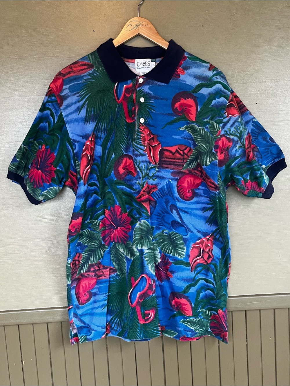 Chaps Ralph Lauren Blue Tropical Vintage Cotton Polo Snorkeling Shells Large